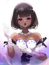 Rule 34 | 1girl, absurdres, bare shoulders, blunt bangs, bob cut, brown hair, cocona (honkai: star rail), collarbone, dark-skinned female, dark skin, detached sleeves, dress, eyeshadow, gloves, hand on own chest, hand up, highres, honkai: star rail, honkai (series), jewelry, lace, lace-trimmed gloves, lace trim, makeup, medium hair, music, necklace, open mouth, pearl necklace, pink eyeshadow, purple eyes, purple lips, singing, sparkle, strapless, strapless dress, white gloves, zhijing niao