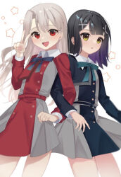 Rule 34 | 2girls, :d, akaneko016, animal ears, belt, black hair, blue belt, blue bow, blue bowtie, blue dress, bow, bowtie, commentary request, cosplay, dress, fate/kaleid liner prisma illya, fate (series), green bow, green bowtie, grey dress, grey hair, hair ornament, illyasviel von einzbern, ilya (princess connect!), inoue takina, inoue takina (cosplay), locked arms, looking at viewer, lycoris recoil, lycoris uniform, multiple girls, nishikigi chisato, nishikigi chisato (cosplay), open mouth, pleated dress, rabbit ears, red belt, red dress, shirt, smile, two-tone dress, v, white shirt, x hair ornament, yellow eyes
