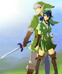Rule 34 | 1boy, 1girl, back-to-back, blue eyes, blue hair, boots, commentary, cosplay, dh (brink of memories), fingerless gloves, gloves, grey eyes, grey hair, hair between eyes, hat, highres, hyrule warriors, knee boots, link, link (cosplay), linkle, looking at viewer, master sword, narukami yuu, nintendo, persona, persona 4, pointy ears, shirogane naoto, standing, sun, the legend of zelda