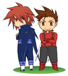 Rule 34 | 00s, 2boys, age difference, akagi haruna, brown eyes, brown hair, chibi, crossed arms, father and son, kratos aurion, lloyd irving, lowres, multiple boys, red eyes, red hair, short hair, simple background, smile, spiked hair, suspenders, tales of (series), tales of symphonia