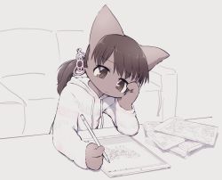 Rule 34 | 1girl, 3yo4yo5yo, animal ears, black hair, cat ears, child, couch, drawing, female focus, furry, furry female, hood, hoodie, original, partially colored, ponytail, solo, table, tablet pc
