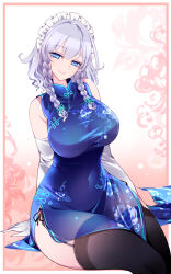 Rule 34 | 1girl, absurdres, alternate costume, bare shoulders, blue eyes, braid, breasts, china dress, chinese clothes, covered navel, curvy, dress, floral print, garter straps, gloves, grey hair, head tilt, highres, izayoi sakuya, large breasts, long hair, looking at viewer, maid headdress, panties, raptor7, side-tie panties, smile, solo, thighhighs, touhou, twin braids, underwear, white gloves, wide hips