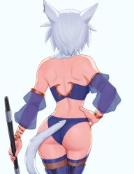 Rule 34 | 1girl, absurdres, animal ears, ass, bare shoulders, boots, bracelet, cat ears, cat girl, cat tail, commentary, cowboy shot, detached sleeves, dimples of venus, english commentary, facing away, final fantasy, final fantasy xiv, from behind, hand on own hip, highres, holding, holding weapon, jewelry, long sleeves, miqo&#039;te, original, puffy detached sleeves, puffy sleeves, rob ishi, see-through, short hair, shoulder blades, simple background, solo, standing, tail, thigh boots, thighhighs, thighhighs under boots, underwear, weapon, white background, white hair