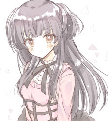 Rule 34 | 1girl, aiyan, black hair, black ribbon, blunt bangs, blunt ends, blush, brown eyes, closed mouth, commentary request, frown, idolmaster, idolmaster shiny colors, long hair, looking at viewer, mayuzumi fuyuko, neck ribbon, pink shirt, ribbon, shirt, sidelocks, simple background, sketch, solo, straight hair, two side up, upper body, white background