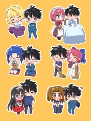 Rule 34 | 1boy, 6+girls, ?, apron, arcueid brunestud, arms behind back, back bow, bag, bamboo broom, bed, black-framed eyewear, black eyes, black hair, black legwear, blonde hair, blue bow, blue eyes, blue hair, blue jacket, blue neckwear, blue pants, blue shirt, blue skirt, blush, blush stickers, bow, bowtie, breasts, broom, brown dress, brown eyes, brown hair, brown kimono, buttons, casual, chibi, ciel (tsukihime), closed eyes, closed mouth, commentary request, crossed arms, cup, cushion, dress, drinking, glasses, hair between eyes, hair bow, half updo, headband, headpat, highres, hisui (tsukihime), holding, holding bag, holding broom, holding cup, jacket, japanese clothes, juliet sleeves, kimono, kohaku (tsukihime), large breasts, long hair, long sleeves, maid, maid apron, maid headdress, miniskirt, mixed maids, mixgrill, multiple girls, neck ribbon, open mouth, own hands together, pants, parted bangs, pleated skirt, puffy sleeves, purple skirt, red bow, red hair, red ribbon, red skirt, ribbon, school bag, school uniform, seiza, shirt, short hair, short sleeves, siblings, sidelocks, simple background, sisters, sitting, skirt, sleeves past fingers, sleeves past wrists, smile, sweatdrop, sweater, tea, teeth, tohno akiha, tohno shiki, tsukihime, twins, two side up, under covers, uniform, vest, wa maid, white apron, white bow, white headband, white shirt, white sweater, wide sleeves, yellow background, yellow vest, yumizuka satsuki, zabuton
