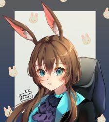 Rule 34 | 1girl, amiya (arknights), animal ear fluff, animal ears, arknights, artist name, ascot, black background, black jacket, blue eyes, brown hair, commentary, dated, grey background, hair between eyes, jacket, kobutanori, long hair, looking at viewer, open clothes, open jacket, parted lips, purple ascot, rabbit ears, sidelocks, solo, two-tone background