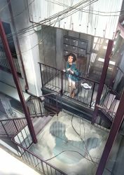 Rule 34 | 1girl, black hair, blue eyes, building, cable, from above, hand on railing, hand up, highres, iwato1712, jacket, looking up, mailbox, open mouth, original, pigeon-toed, puddle, railing, reflection, short hair, skirt, slippers, solo, stairs, standing, wide sleeves