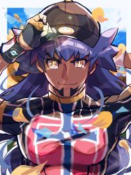 Rule 34 | 1boy, arm behind head, bad id, bad twitter id, baseball cap, champion uniform, closed mouth, commentary request, creatures (company), dark-skinned male, dark skin, dynamax band, facial hair, game freak, gloves, hand on headwear, hat, highres, imu (acmg3475), leon (pokemon), long hair, looking at viewer, male focus, nintendo, pokemon, pokemon swsh, purple hair, shirt, short sleeves, smile, solo, upper body, white wristband, wristband, yellow eyes