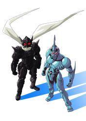 Rule 34 | 2boys, arm blade, armor, arms at sides, clenched hands, commentary request, crossover, from above, guyver i, hagakure kakugo, highres, horns, jinou rakugaki, kakugo no susume, kyouka gaikokkaku, kyoushoku soukou guyver, male focus, multiple boys, power armor, red eyes, scarf, shoulder spikes, simple background, single horn, spikes, standing, weapon, white background, white scarf