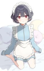 Rule 34 | 1girl, apron, artist name, black hair, blue sweater, blush, breasts, closed mouth, frilled hairband, frills, hair between eyes, hairband, highres, idolmaster, idolmaster shiny colors, kasane matcha, looking at viewer, maid apron, maid headdress, moon-shaped pillow, morino rinze, pillow, red eyes, short hair, sitting, sleeves past wrists, small breasts, solo, sweater, wariza, white apron, zipper