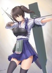 Rule 34 | 10s, 1girl, archery, arrow (projectile), black thighhighs, blush, bow (weapon), breasts, brown eyes, brown hair, cowboy shot, dated, gloves, hair between eyes, highres, japanese clothes, kaga (kancolle), kantai collection, kyuudou, leo thasario, medium breasts, muneate, partially fingerless gloves, partly fingerless gloves, personification, short hair, side ponytail, single glove, skirt, solo, tasuki, thighhighs, weapon, yugake