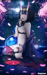 Rule 34 | 1girl, bad id, bad pixiv id, barefoot, black hair, breasts, cherry blossoms, cup, covered erect nipples, fate/grand order, fate (series), feet, highres, horns, looking at viewer, magicians (zhkahogigzkh), oni, petals, purple eyes, sakazuki, saliva, shuten douji (fate), sideboob, sitting, small breasts, solo, toeless legwear, tongue, tongue out