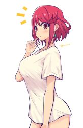Rule 34 | 1girl, alternate costume, bob cut, breasts, earrings, finger to own chin, highres, jewelry, mochimochi (xseynao), notice lines, pyra (xenoblade), red hair, shirt, simple background, solo, standing, white background, white shirt, xenoblade chronicles (series), xenoblade chronicles 2