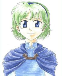 Rule 34 | 1girl, artist request, blue cape, blue eyes, blue hairband, cape, child, closed mouth, female focus, fire emblem, fire emblem: the blazing blade, green hair, hairband, looking at viewer, lowres, neck, nino (fire emblem), nintendo, short hair, smile, solo, upper body