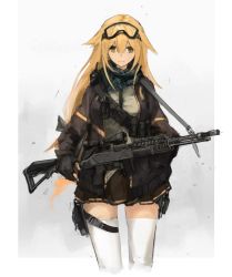 Rule 34 | 1girl, alternate costume, bad id, bad pixiv id, bandolier, blonde hair, browning automatic rifle, cowboy shot, girls&#039; frontline, goggles, goggles on head, green eyes, gun, jacket, long hair, looking at viewer, m1918 (girls&#039; frontline), machine gun, scarf, scope, smile, solo, thighhighs, unitsu, very long hair, weapon, white thighhighs