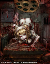 Rule 34 | 1girl, all fours, ass, bad id, bad pixiv id, black lips, black sclera, blonde hair, blood, blood on clothes, blood on face, colored sclera, colored skin, deadman&#039;s cross, deep wound, dress, evil smile, guro, hat, injury, intravenous drip, isaroishin, lipstick, looking at viewer, makeup, nurse, nurse (deadman&#039;s cross), nurse cap, official art, open mouth, red eyes, rust, scalpel, short dress, short sleeves, skin tight, smile, solo, tongue, tongue out, top-down bottom-up, white dress, white skin, worm, zombie