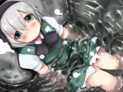 Rule 34 | 1girl, bad id, bad pixiv id, blush, female focus, from above, green eyes, happy, konpaku youmu, looking up, short hair, short sleeves, sitting, smile, solo, soo, touhou, water, wet, wet clothes
