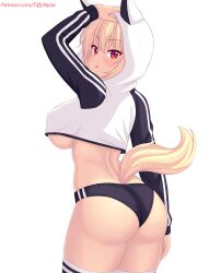 Rule 34 | 1girl, :o, arm up, ass, black buruma, blonde hair, breasts, buruma, cat girl, cat tail, commentary, english commentary, from behind, highres, hood, hoodie, large breasts, long sleeves, looking at viewer, looking back, nottytiffy, open mouth, original, patreon username, red eyes, simple background, slit pupils, solo, tail, thighhighs, thighs, tiffy (nottytiffy), white background, white hoodie, white thighhighs