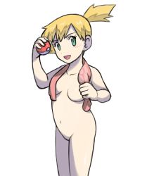 Rule 34 | 1girl, arm up, blush, breasts, bule, collarbone, convenient censoring, creatures (company), female focus, game freak, hand up, highres, looking at viewer, looking to the side, medium breasts, misty (pokemon), navel, nintendo, nude, open mouth, orange hair, poke ball, pokemon, pokemon rgby, ponytail, red towel, short hair, side ponytail, simple background, smile, solo, standing, towel, white background