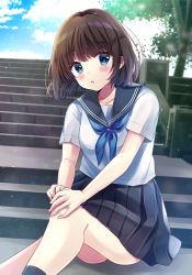 Rule 34 | 1girl, bad id, bad pixiv id, black sailor collar, black skirt, black socks, blue eyes, blue neckerchief, blue sky, blush, brown hair, cloud, cloudy sky, commentary request, day, hands on knee, head tilt, highres, looking at viewer, minami saki, neckerchief, original, outdoors, parted lips, pleated skirt, sailor collar, school uniform, serafuku, shirt, short sleeves, sitting, sitting on stairs, skirt, sky, socks, solo, stairs, stone stairs, white shirt