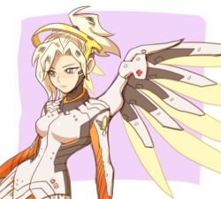 Rule 34 | 1girl, armor, bad id, bad twitter id, blonde hair, blue eyes, bodysuit, breastplate, breasts, closed mouth, hair ornament, hair tie, halo, jocheong, long sleeves, lowres, mechanical halo, mercy (overwatch), overwatch, overwatch 1, pink lips, ponytail, short hair, skin tight, solo, spread wings, swiss flag, turtleneck, upper body, wing print, wings, yellow wings