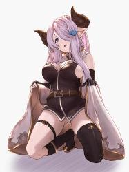 Rule 34 | asymmetrical gloves, black footwear, black gloves, black thighhighs, blue eyes, bottomless, braid, breasts, cape, cape lift, demon horns, draph, elbow gloves, gloves, gluteal fold, granblue fantasy, grey background, hair ornament, hair over one eye, high heels, highres, horns, kneeling, large breasts, light purple hair, long hair, low tied hair, narmaya (granblue fantasy), open mouth, pointy ears, purple hair, single braid, single thighhigh, sleeveless, solo, teriton, thigh strap, thighhighs, uneven gloves
