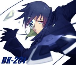 Rule 34 | 1boy, black hair, broken mask, character name, darker than black, gloves, hei (darker than black), knife, male focus, mask, red eyes, smile, solo, weapon, wire
