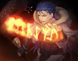 Rule 34 | 1boy, black gloves, blue hair, camus (dq11), collarbone, commentary request, covered abs, covered navel, cu chulainn (caster) (fate), cu chulainn (fate), dragon quest, dragon quest xi, earrings, fate (series), fur trim, gloves, gradient background, holding, jewelry, long hair, long sleeves, magic, male focus, mondi hl, muscular, open mouth, red eyes, short hair, smile, solo, spiked hair, teeth, upper body, upper teeth only