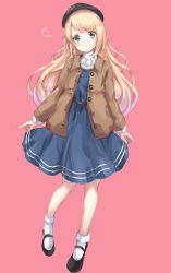Rule 34 | 1girl, absurdres, alternate costume, bad id, bad pixiv id, beret, blonde hair, blue dress, blue eyes, blue hat, brown coat, coat, commentary request, dress, full body, hat, highres, jervis (kancolle), kantai collection, long hair, mary janes, pink background, sa-ya2, shoes, simple background, socks, solo, standing, white socks