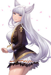 Rule 34 | 1girl, animal ears, blue eyes, blunt bangs, blush, breasts, brown jacket, cowboy shot, erune, granblue fantasy, highres, jacket, korwa, large breasts, leaning forward, long hair, long sleeves, miniskirt, nhaliz, open clothes, open jacket, parted lips, petals, pleated skirt, sidelocks, silver hair, simple background, skirt, sleeve cuffs, smile, solo, sweater, thighs, turtleneck, turtleneck sweater, unbuttoned, very long hair, white background, white skirt, white sweater