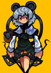 Rule 34 | 1girl, animal ears, basket, crystal, dowsing rod, female focus, grey hair, ichi (ichikai), jewelry, mouse (animal), mouse ears, mouse tail, nazrin, pendant, red eyes, short hair, simple background, solo, tail, touhou, | |