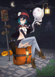 Rule 34 | 1girl, aqua hair, bag, boots, breasts, capelet, cleavage, crescent moon, detached sleeves, ghost, halloween, hat, highres, jack-o&#039;-lantern, lantern, crossed legs, maeda risou, midriff, miniskirt, moon, navel, night, night sky, one eye closed, original, pleated skirt, pumpkin, purple eyes, short hair, signpost, sitting, skirt, sky, small breasts, solo, strapless, thighhighs, top hat, trick or treat, tube top, umbrella, wink, witch hat