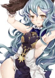 Rule 34 | 10s, 1girl, :d, animal ears, armpits, arms up, atoshi, bad id, bad pixiv id, blue hair, blush, breasts, brown eyes, erune, ferry (granblue fantasy), granblue fantasy, long hair, looking at viewer, open mouth, sideboob, small breasts, smile, solo