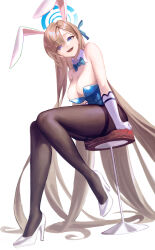 Rule 34 | 1girl, absurdly long hair, absurdres, animal ears, asuna (blue archive), asuna (bunny) (blue archive), bare shoulders, blonde hair, blue archive, blue eyes, blue leotard, bow, bowtie, breasts, brown pantyhose, cleavage, detached collar, eyes visible through hair, fake animal ears, gloves, hair over one eye, halo, high heels, highres, jinbin825, large breasts, legs, leotard, long hair, looking at viewer, official alternate costume, open mouth, pantyhose, rabbit ears, simple background, sitting, smile, solo, stool, strapless, strapless leotard, thighband pantyhose, very long hair, white background, white footwear, white gloves