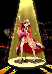 Rule 34 | 1girl, absurdres, closed eyes, flower, hair flower, hair ornament, hairband, highres, japanese clothes, kimono, microphone, microphone stand, ming qi bibi, music, obi, open mouth, over-kneehighs, pointing, pointing up, sandals, sash, saturday night fever, short kimono, singing, solo, stage lights, suzumiya haruhi, suzumiya haruhi no yuuutsu, thighhighs, white thighhighs, wide sleeves