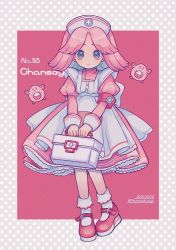 Rule 34 | 1girl, artist name, blush, box, chansey, character name, closed mouth, commentary request, creature and personification, creatures (company), dated, dress, frills, game freak, gen 1 pokemon, grey eyes, hat, highres, holding, holding box, long hair, long sleeves, narumame, nintendo, nurse, nurse cap, parted bangs, pigeon-toed, pink hair, pokedex number, pokemon, pokemon (creature), shoes, smile, socks, white headwear, white legwear