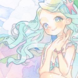 Rule 34 | 1girl, bikini, blue eyes, blue hair, blush, bracelet, breasts, cloud, commentary, english commentary, floating hair, hair ornament, jewelry, long hair, looking at viewer, nanakami mana, original, own hands together, small breasts, smile, solo, starfish hair ornament, swimsuit, upper body, wavy hair