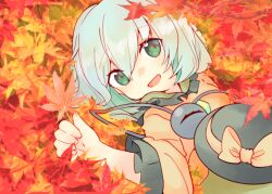 Rule 34 | 1girl, autumn leaves, black hat, bow, commentary request, green eyes, green hair, green skirt, hat, hat bow, komeiji koishi, leaf, long sleeves, looking at viewer, lying, maple leaf, medium hair, no headwear, on back, open mouth, shirt, skirt, solo, touhou, yamase, yellow bow, yellow shirt
