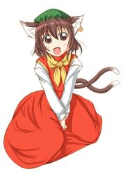 Rule 34 | 1girl, animal ears, cat ears, cat girl, cat tail, chen, dress, female focus, full body, hat, simple background, solo, tagme, tail, touhou, white background