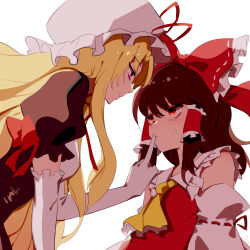 Rule 34 | 2girls, ascot, blonde hair, bow, brown hair, closed mouth, commentary request, detached sleeves, dress, elbow gloves, eye contact, finger to another&#039;s mouth, frilled bow, frilled hair tubes, frills, gloves, hair bow, hair tubes, hakurei reimu, hat, hat ribbon, height difference, highres, light blush, long hair, looking at another, mob cap, multiple girls, purple dress, purple eyes, red bow, red eyes, red ribbon, ribbon, ribbon-trimmed sleeves, ribbon trim, short sleeves, smile, sweatdrop, torino sasami, touhou, very long hair, white gloves, yakumo yukari, yuri