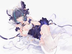 Rule 34 | 1girl, :3, aqua eyes, aqua hair, azur lane, blue dress, blue hair, blush, bow, breasts, cheshire (azur lane), cleavage, closed mouth, commentary request, detached collar, dress, frilled hairband, frills, full body, garter straps, hair bow, hairband, highres, legs together, long hair, looking at viewer, lying, medium breasts, multicolored hair, nail polish, on side, shia job, short dress, short hair, simple background, sleeveless, sleeveless dress, smile, solo, streaked hair, thighhighs, thighs, two-tone hair, white background, white thighhighs, wrist cuffs