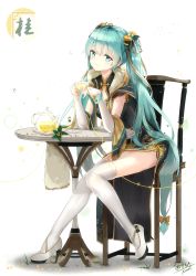 Rule 34 | 1girl, aqua eyes, aqua hair, asahi kuroi, bracelet, chair, china dress, chinese clothes, commentary request, cup, detached sleeves, dress, full body, hatsune miku, high heels, highres, jewelry, long hair, revision, see-through, sitting, solo, table, teacup, teapot, thighhighs, twintails, very long hair, vocaloid, white thighhighs