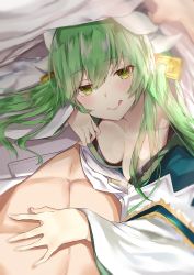 Rule 34 | 1boy, 1girl, :q, abs, blush, breasts, cleavage, collarbone, commentary request, fate/grand order, fate (series), green eyes, green hair, hair between eyes, hair ornament, hand on another&#039;s chest, highres, horns, japanese clothes, kimono, kiyohime (fate), licking lips, long hair, long sleeves, looking at viewer, medium breasts, nana kagura, pov, smile, solo focus, tongue, tongue out, under covers, undressing, wide sleeves