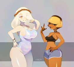 Rule 34 | 2girls, ass, bacon, breasts, cloette omelette (saltymou), covered erect nipples, curvy, dark-skinned female, dark skin, egg, food, highres, humanization, large breasts, leotard, long hair, looking at viewer, medium breasts, meme, mou (saltymou), multiple girls, navel, original, personification, pudding, saltymou, simple background, thick thighs, thighs, this egg got me acting unwise (meme), wide hips, yellow eyes