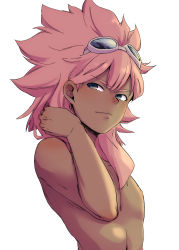 Rule 34 | 1boy, blush, brown hair, dark-skinned male, dark skin, goggles, goggles on head, grey eyes, highres, inazuma eleven, inazuma eleven (series), long hair, male focus, multiple boys, nipples, pink hair, shiroabe, simple background, smile, solo, topless male, tsunami jousuke, v-shaped eyebrows, white background