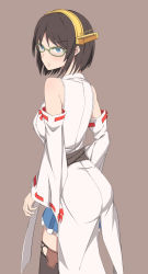 Rule 34 | 10s, :/, ass, bare shoulders, blue eyes, blush, brown background, brown hair, detached sleeves, from behind, glasses, headgear, highres, intirami, kantai collection, kirishima (kancolle), nontraditional miko, skirt, solo, thighs, wide sleeves