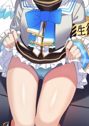 1girl absurdres amane_kanata amane_kanata_(1st_costume) angel_wings blue_panties bow clothes_lift grey_hair head_out_of_frame highres hololive miniskirt panties sailor_collar sitting skirt skirt_lift solo thighs uekana9 underwear virtual_youtuber wings