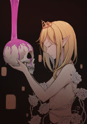 Rule 34 | 1girl, blonde hair, blood, commentary request, convenient arm, dark background, elf, closed eyes, flower, from side, highres, holding, holding skull, long hair, navel, nude, original, parted lips, pointy ears, profile, rose, skull, solo, thorns, tiara, upper body, white flower, white rose, ye zi you bei jiao ju ge