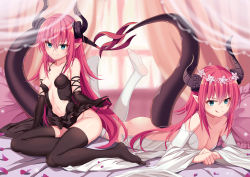 Rule 34 | 2girls, :q, arm support, ass, bao nuan, bed sheet, black gloves, black legwear, black panties, breasts, character request, cleavage, collarbone, covered erect nipples, detached sleeves, dragon girl, elbow gloves, elizabeth bathory (fate), elizabeth bathory (fate/extra ccc), fate/grand order, fate (series), gloves, green eyes, hair between eyes, hand fan, head wreath, heart tail duo, highres, horns, indoors, long hair, lying, medium breasts, multiple girls, nipples, on stomach, panties, petals, pillow, pointy ears, red hair, side-tie panties, sitting, small breasts, smile, tail, thighhighs, tongue, tongue out, underwear, untied panties, very long hair, white legwear, window
