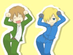 Rule 34 | 00s, 2boys, :d, ^ ^, baccano!, bad id, bad pixiv id, belt, black gloves, blonde hair, brown hair, buckle, bunmare, caramelldansen, closed eyes, collared shirt, firo prochainezo, gloves, graham specter, jacket, looking at viewer, multiple boys, open clothes, open jacket, open mouth, pants, shirt, simple background, smile, thigh gap, track jacket, track suit, yellow background
